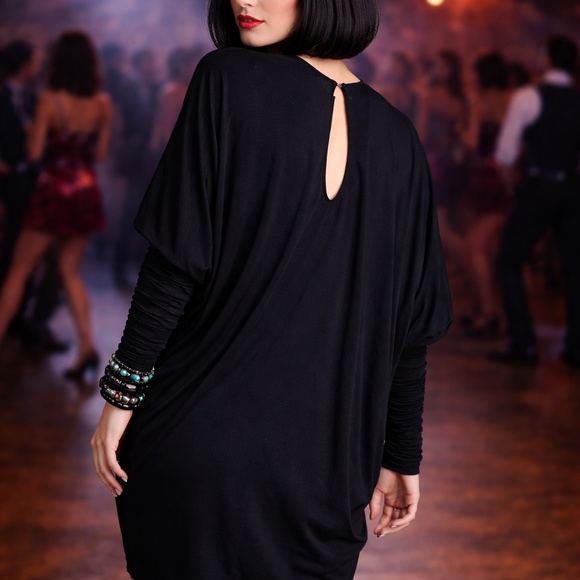 Norma Kamali OMO Dress Black Dolman Scrunchy Batwing Sleeve Vintage 80s Size M - Picture 4 of 15